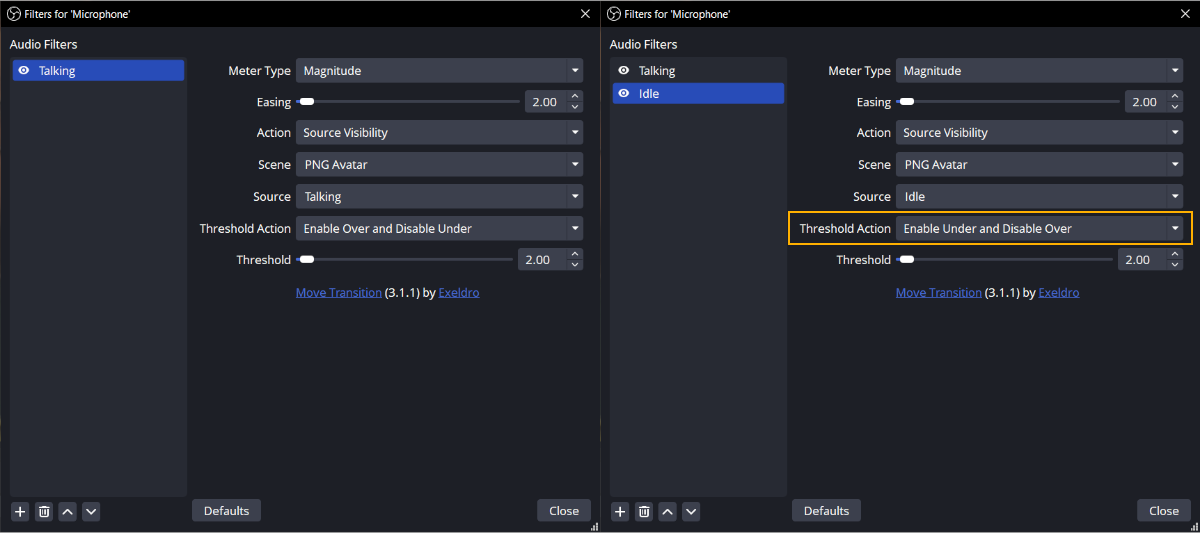 Audio Move filter setup for Talking and Idle filters. Threshold Action for Talking filter set to Enable Over and Disable Under, and Threshold Action for Idle filter set to Enable Under and Disable Over.
